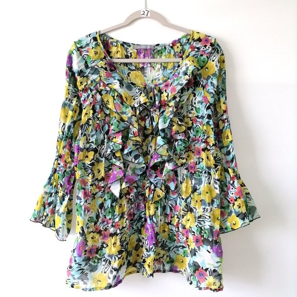 NY Collections Womens Multicolor Flared Sleeve Ruffle Floral Blouse Top Size L - Picture 1 of 6